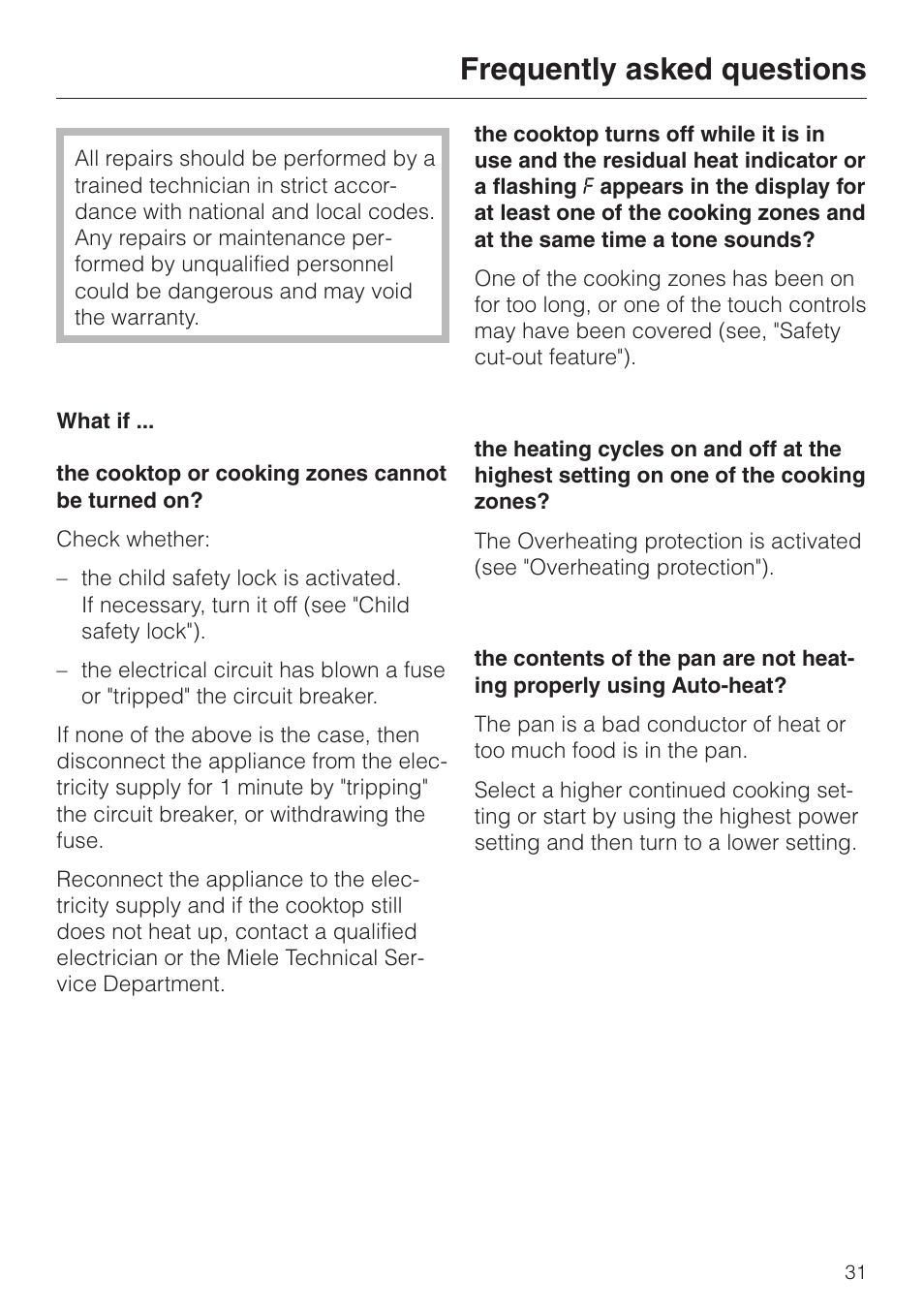 Frequently asked questions 31, Frequently asked questions | Miele KM 451 User Manual | Page 31 / 36