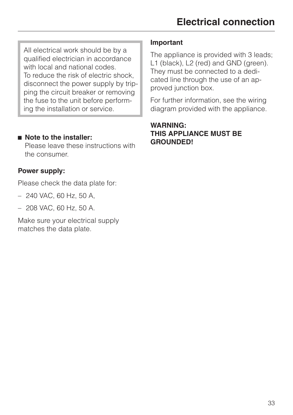 Electrical connection 33, Electrical connection | Miele KM 451 User Manual | Page 33 / 36