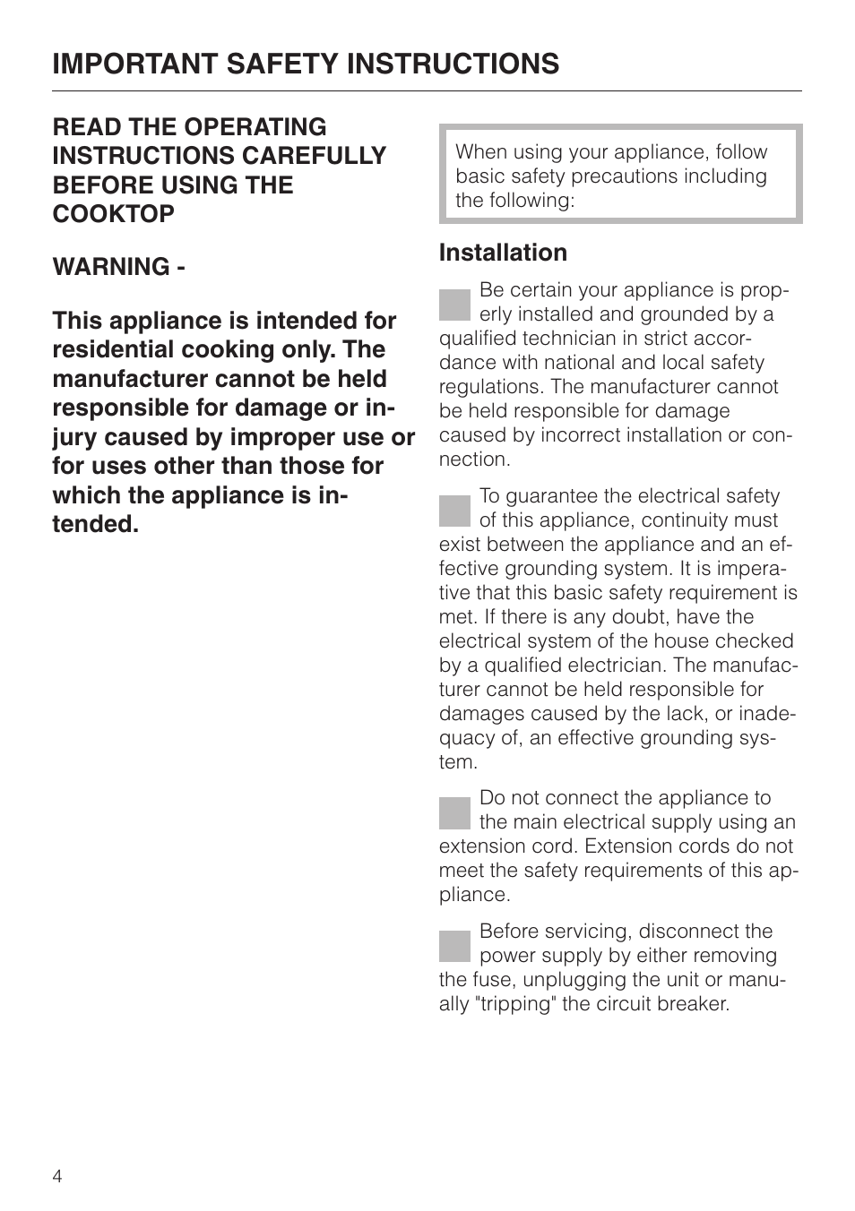 Important warning and safety instructions 4, Important warning and safety instructions, Important safety instructions | Miele KM 451 User Manual | Page 4 / 36