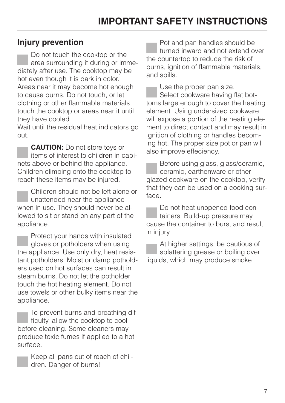 Important safety instructions, Injury prevention | Miele KM 451 User Manual | Page 7 / 36