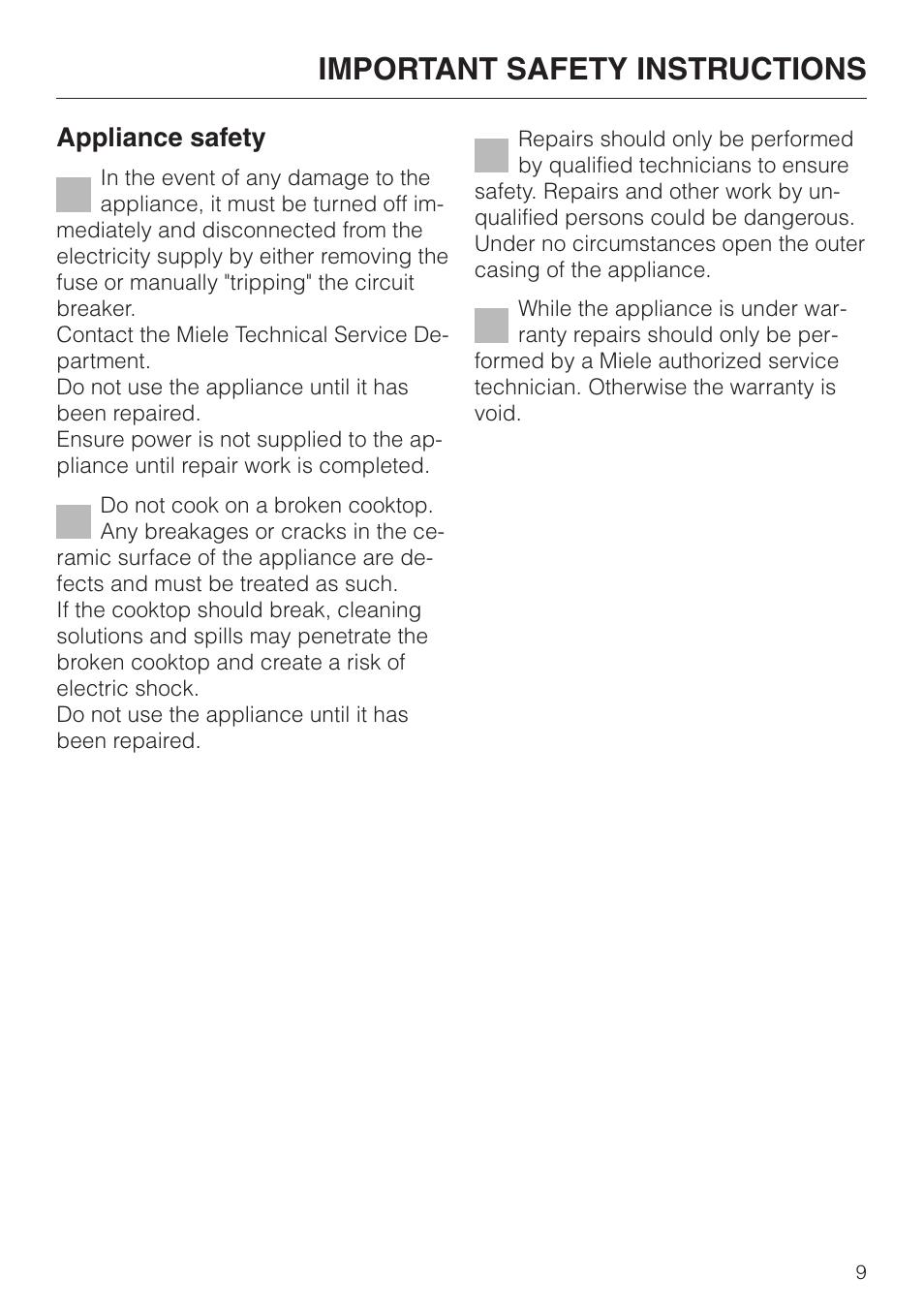 Important safety instructions, Appliance safety | Miele KM 451 User Manual | Page 9 / 36