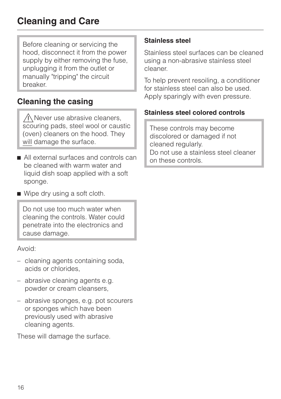 Cleaning and care 16, Cleaning the casing 16, Cleaning and care | Cleaning the casing | Miele DA211 User Manual | Page 16 / 44