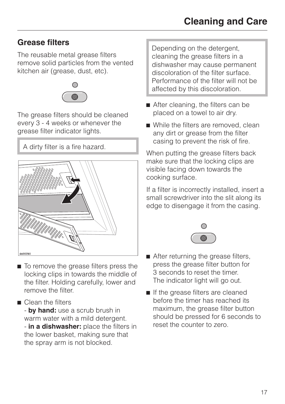 Grease filters 17, Grease filters, Cleaning and care | Miele DA211 User Manual | Page 17 / 44