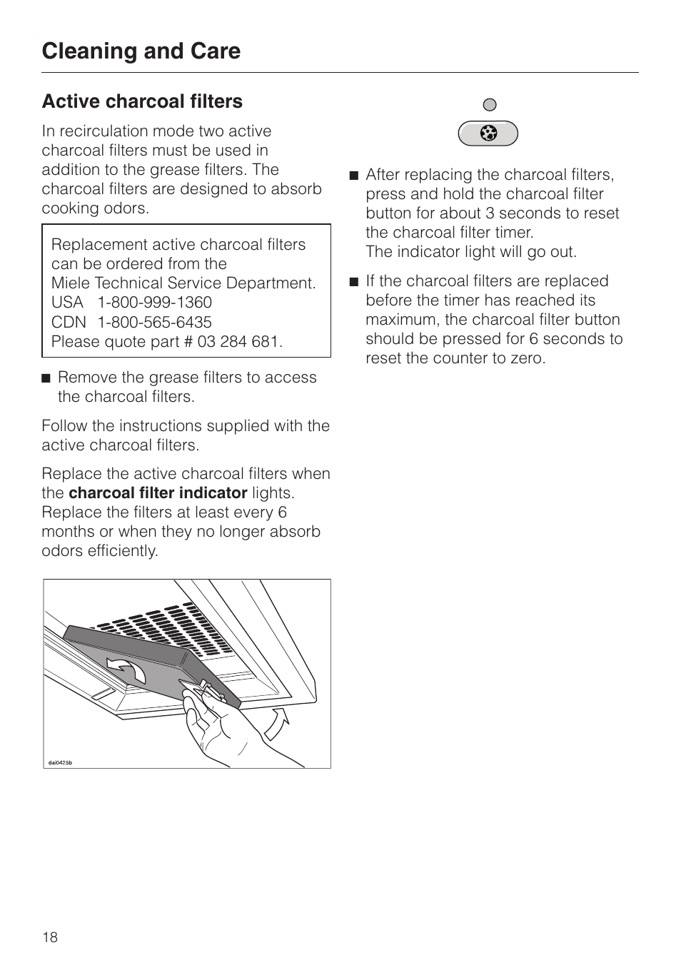 Active charcoal filters 18, Active charcoal filters, Cleaning and care | Miele DA211 User Manual | Page 18 / 44