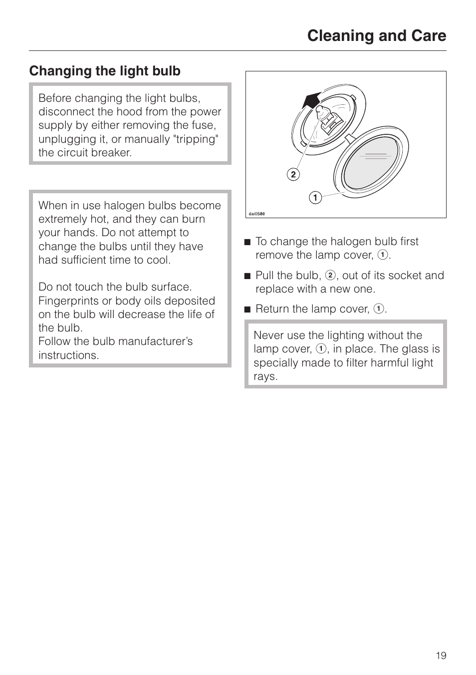 Changing the light bulb 19, Changing the light bulb, Cleaning and care | Miele DA211 User Manual | Page 19 / 44