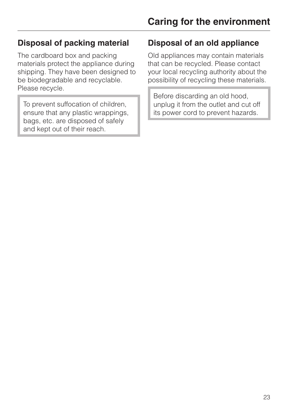 Caring for the environment 23, Caring for the environment | Miele DA211 User Manual | Page 23 / 44