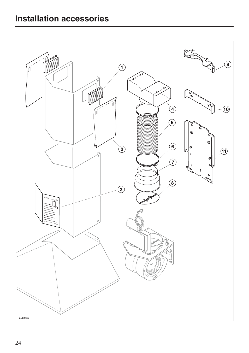 Installation accessories 24, Installation accessories | Miele DA211 User Manual | Page 24 / 44