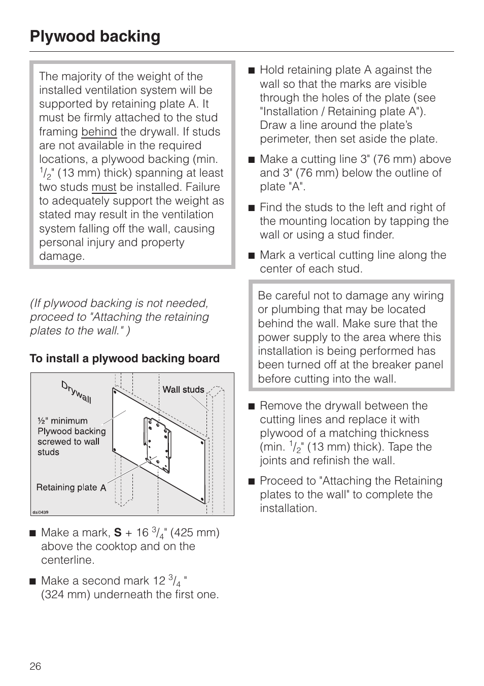Plywood backing 26, Plywood backing | Miele DA211 User Manual | Page 26 / 44