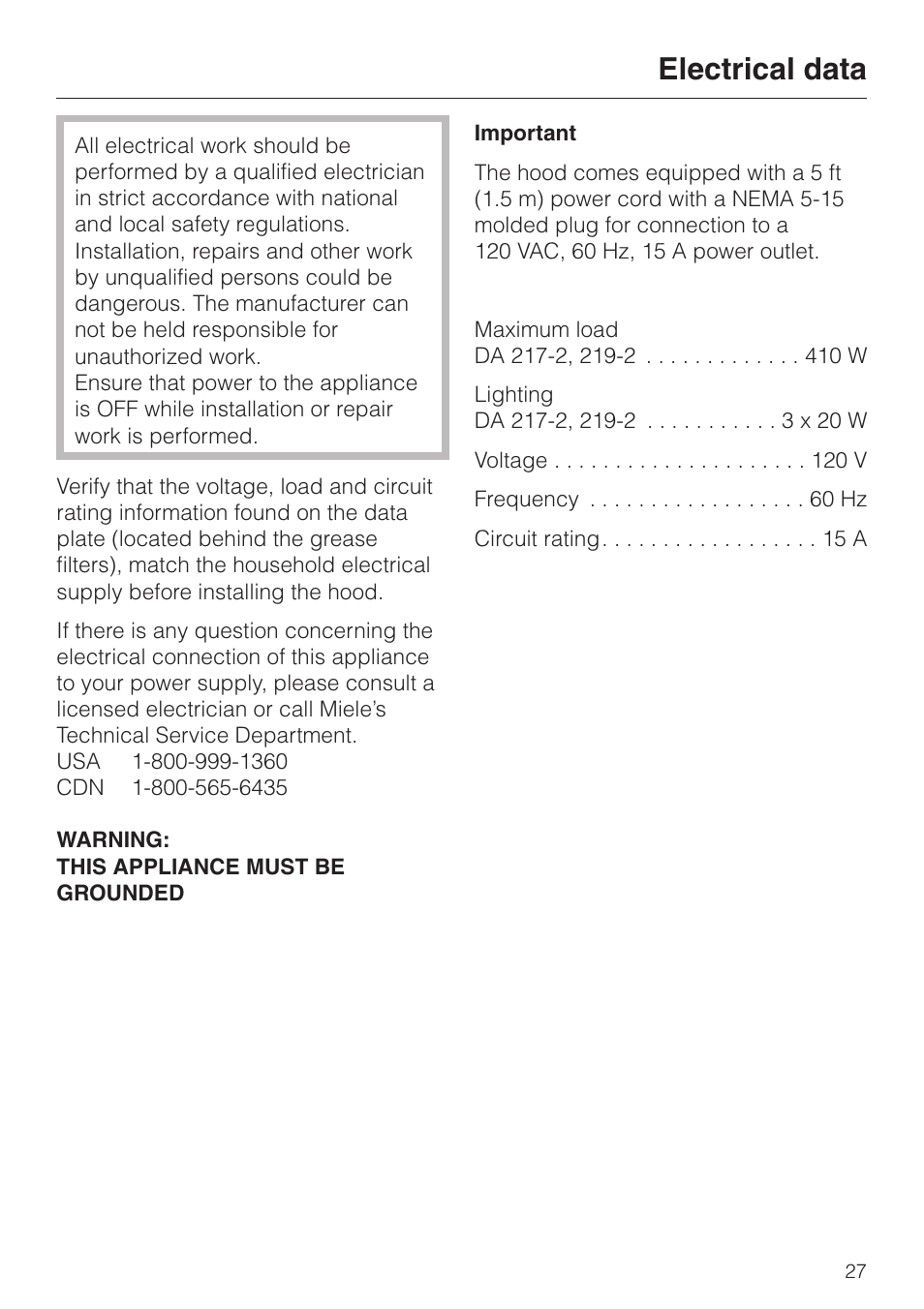 Electrical data 27, Electrical data | Miele DA211 User Manual | Page 27 / 44