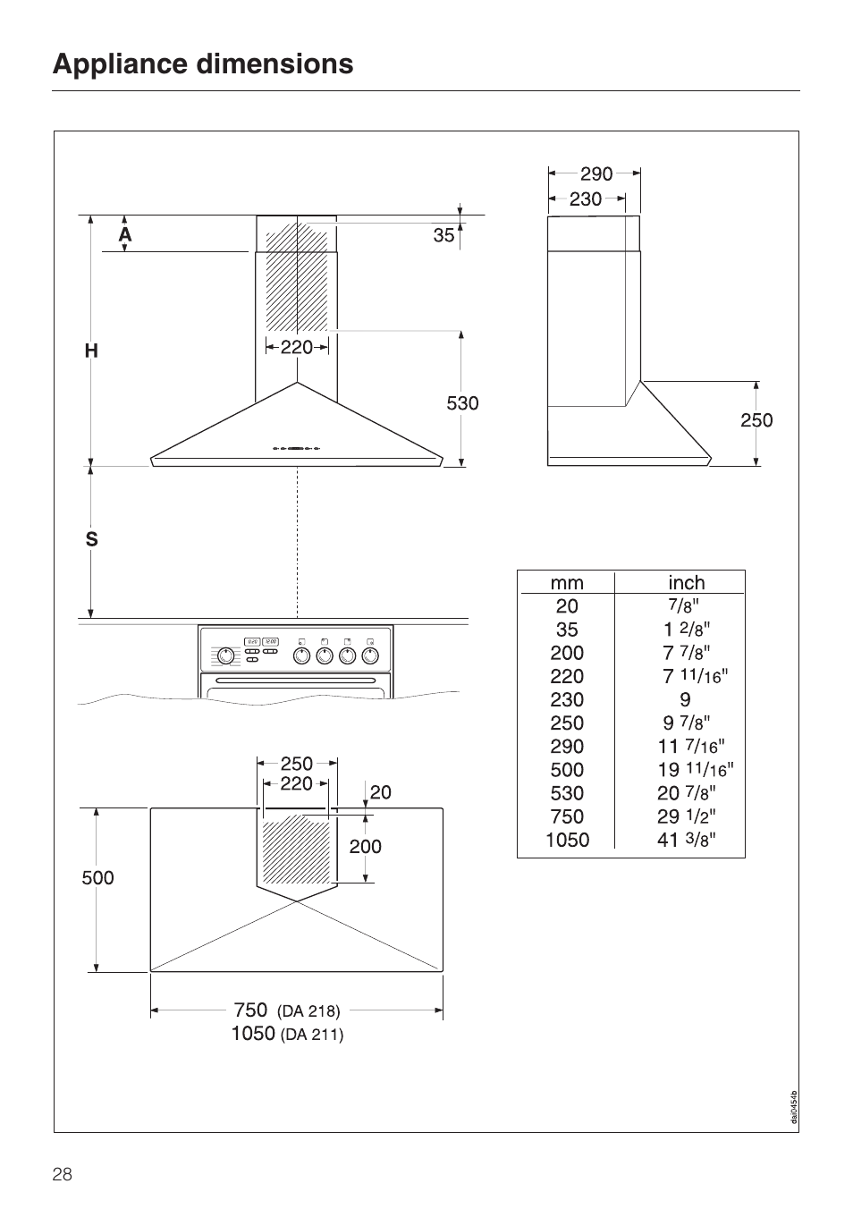 Appliance dimensions 28, Appliance dimensions | Miele DA211 User Manual | Page 28 / 44