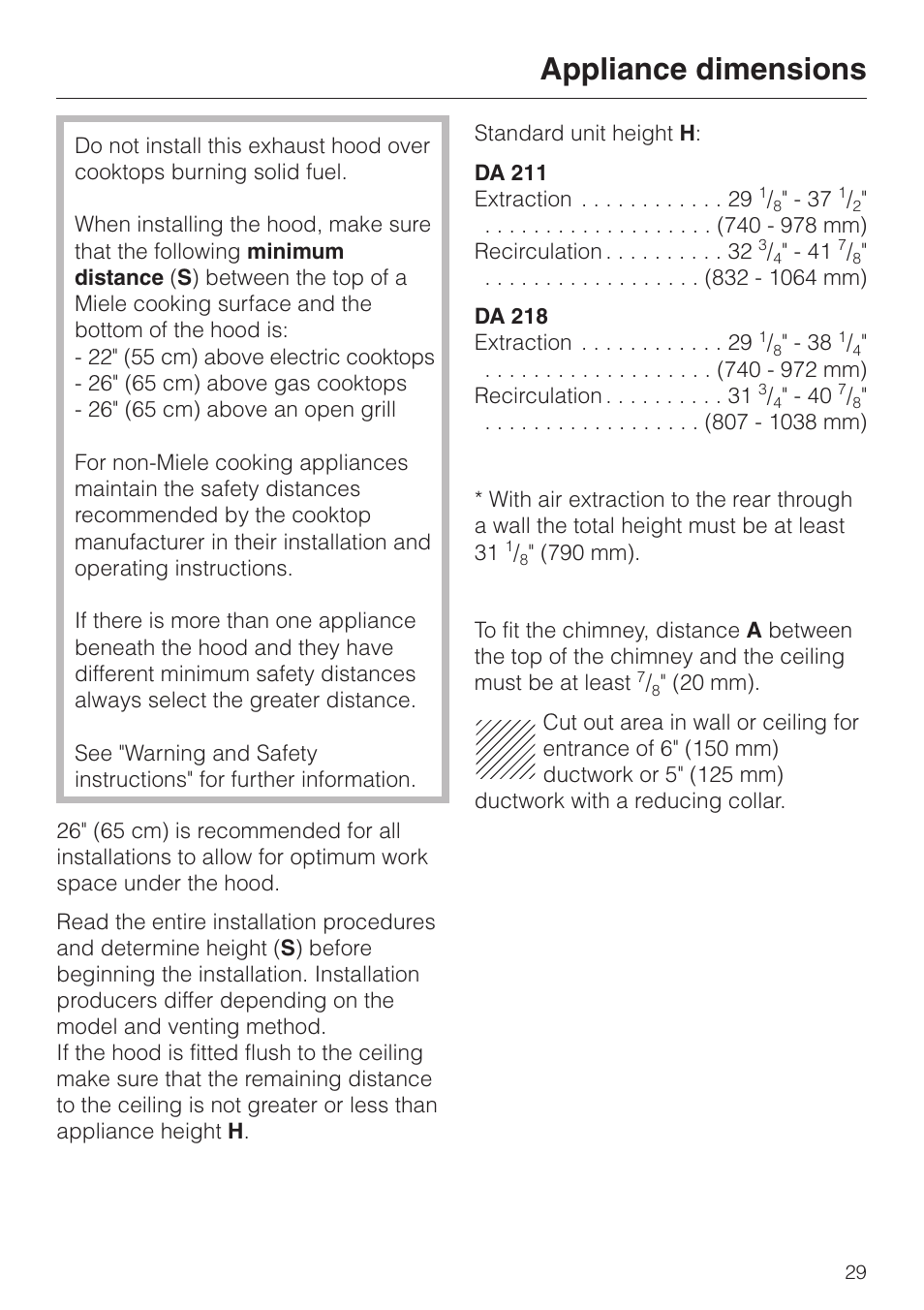 Appliance dimensions | Miele DA211 User Manual | Page 29 / 44