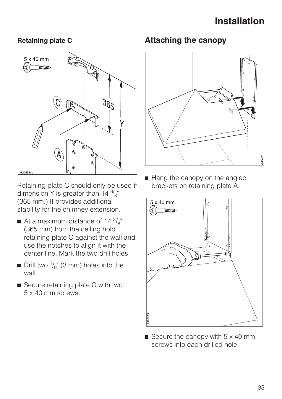 Attaching the canopy 33, Attaching the canopy, Installation | Miele DA211 User Manual | Page 33 / 44