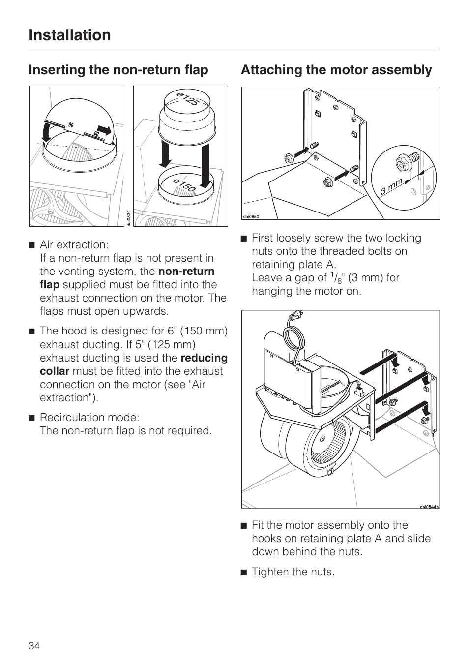 Inserting the non-return flap 34, Inserting the non-return flap, Installation | Attaching the motor assembly | Miele DA211 User Manual | Page 34 / 44