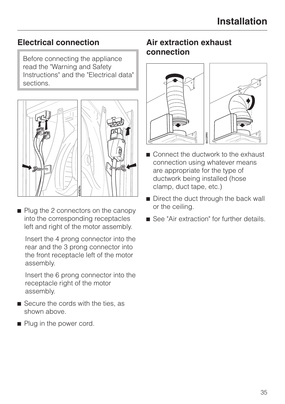 Electrical connection 35, Air extraction exhaust connection 35, Installation | Electrical connection, Air extraction exhaust connection | Miele DA211 User Manual | Page 35 / 44