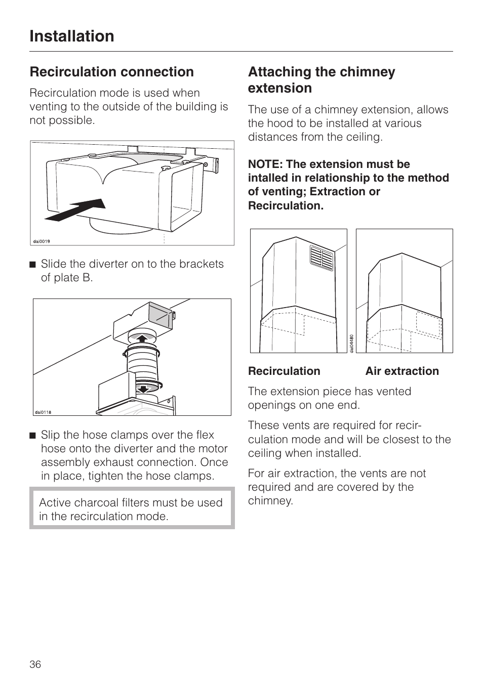 Recirculation connection 36, Attaching the chimney extension 36, Installation | Recirculation connection, Attaching the chimney extension | Miele DA211 User Manual | Page 36 / 44