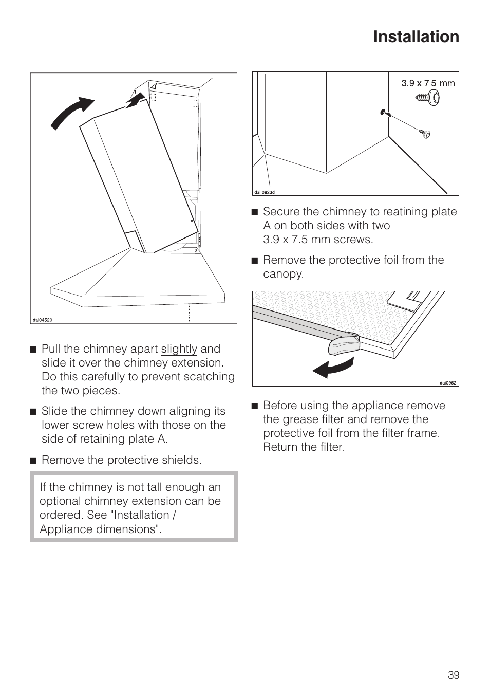 Installation | Miele DA211 User Manual | Page 39 / 44