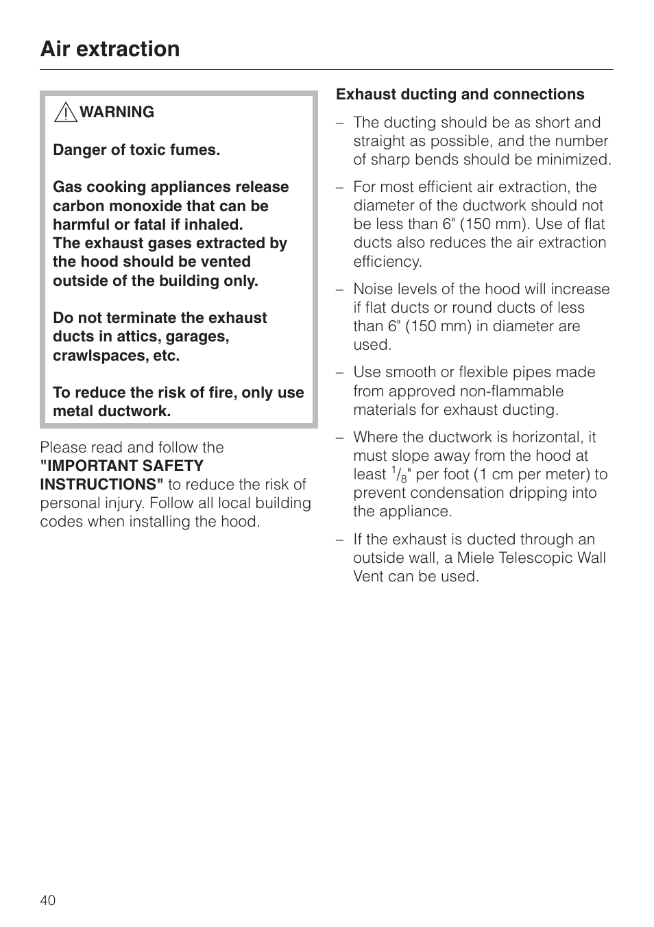Air extraction 40, Air extraction | Miele DA211 User Manual | Page 40 / 44