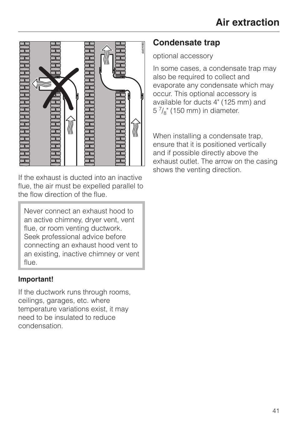 Condensate trap 41, Condensate trap, Air extraction | Miele DA211 User Manual | Page 41 / 44