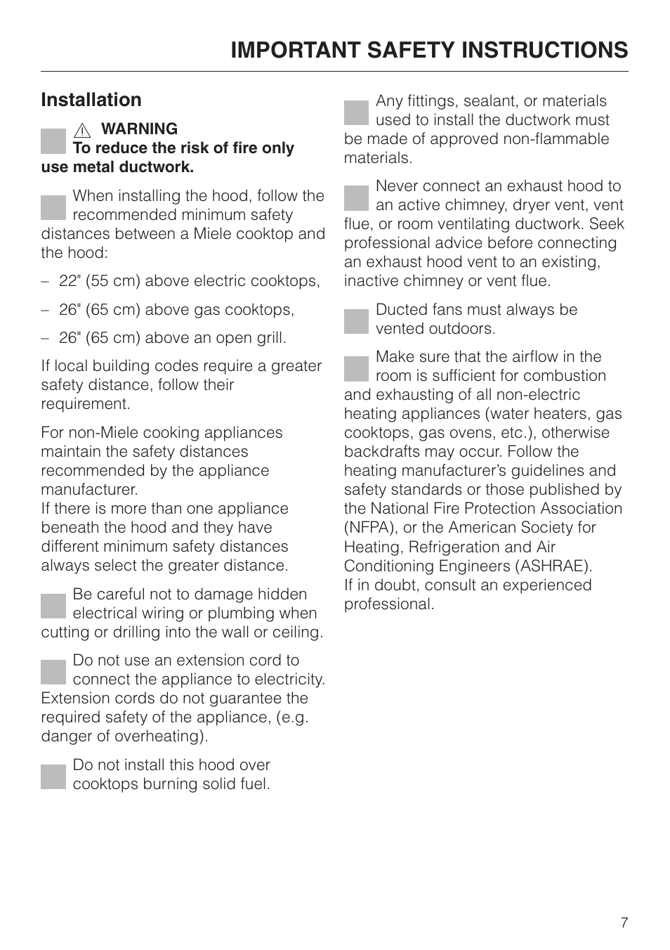 Important safety instructions, Installation | Miele DA211 User Manual | Page 7 / 44