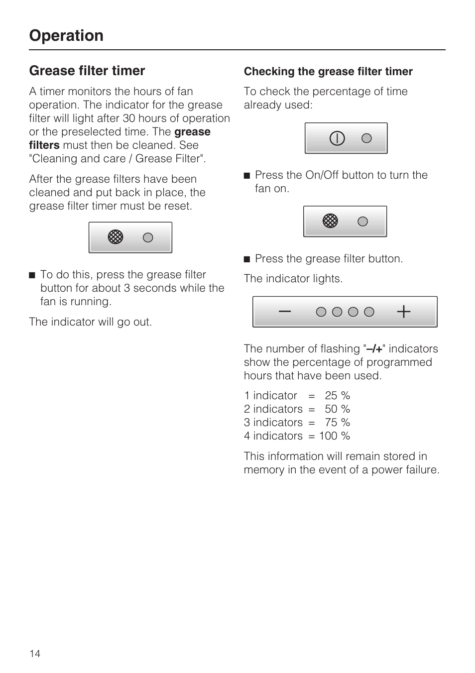 Grease filter timer 14, Operation, Grease filter timer | Miele DA5341D User Manual | Page 14 / 32