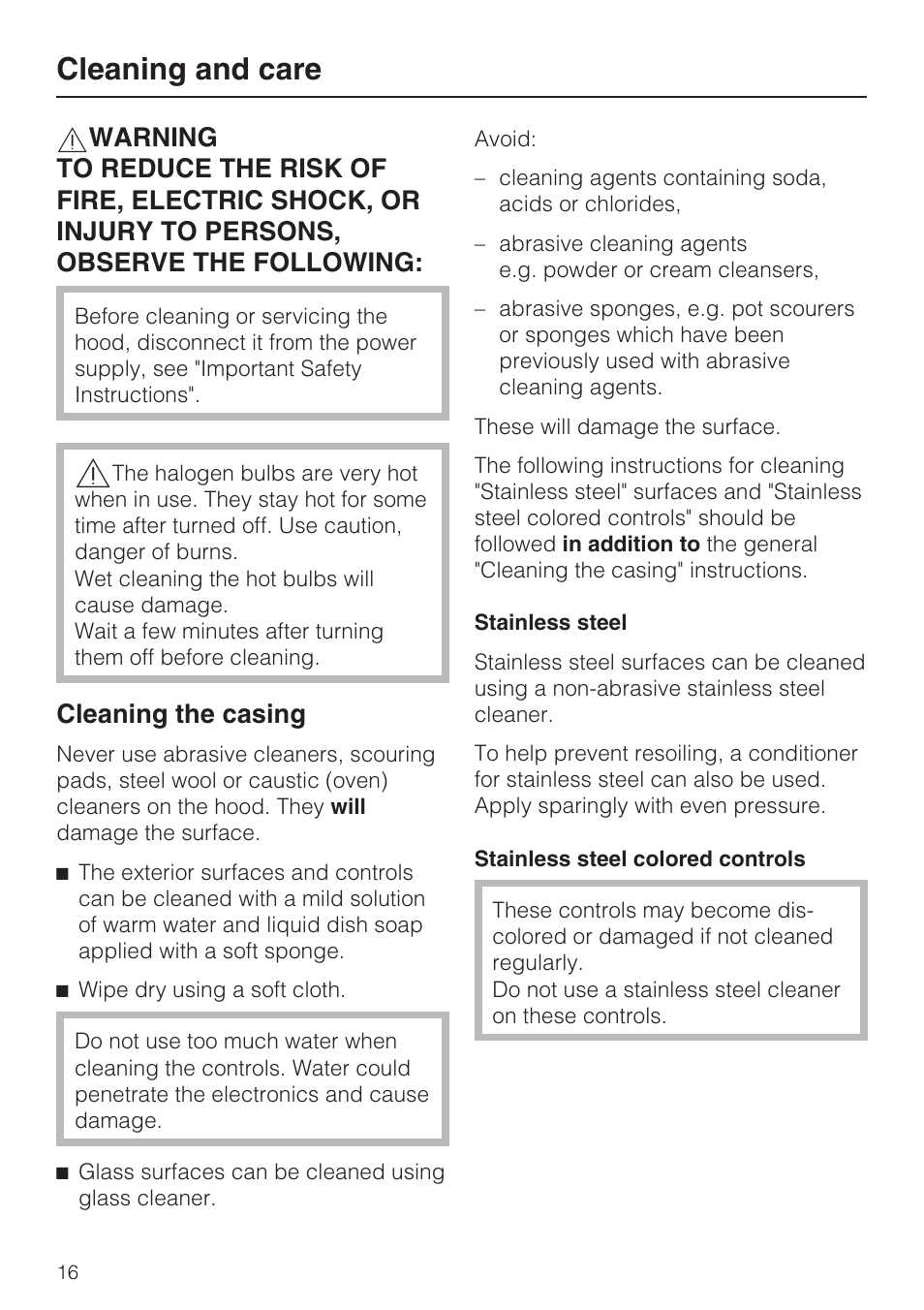 Cleaning and care 16, Cleaning the casing 16, Cleaning and care | Cleaning the casing | Miele DA5341D User Manual | Page 16 / 32