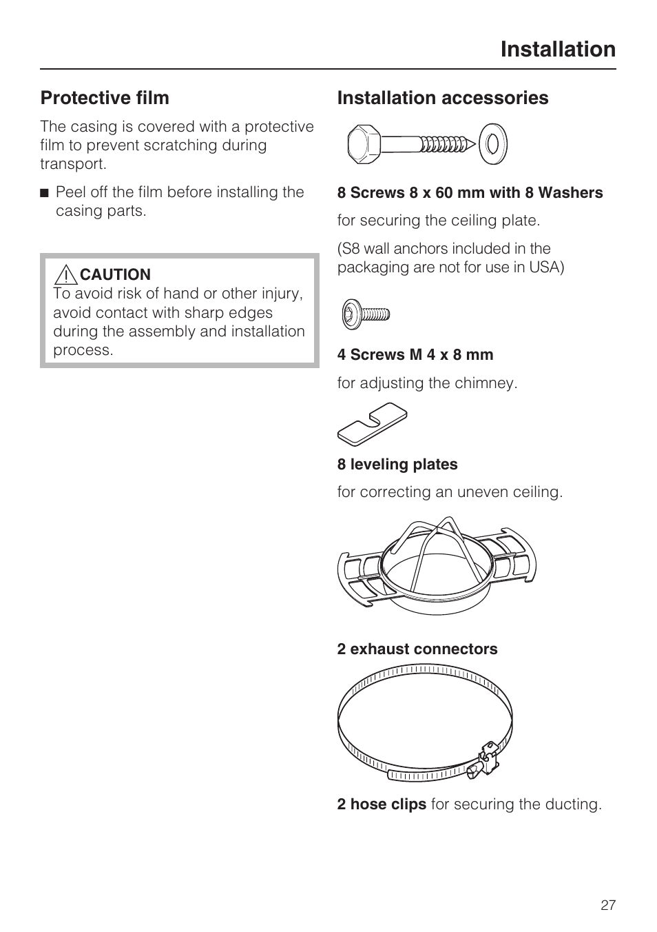 Installation 27, Installation, Protective film | Installation accessories | Miele DA5341D User Manual | Page 27 / 32
