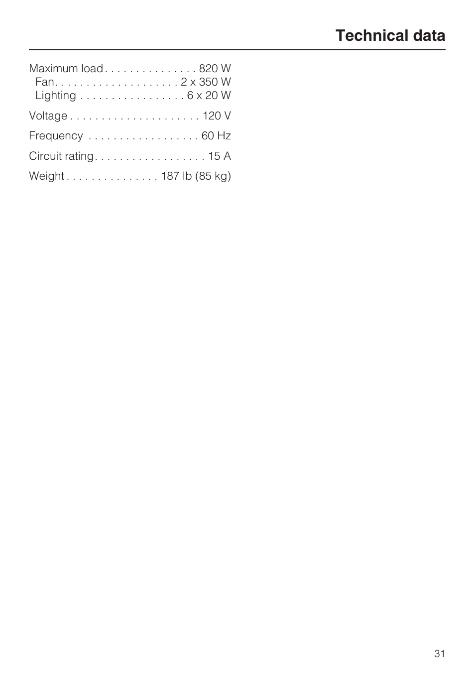 Technical data 31, Technical data | Miele DA5341D User Manual | Page 31 / 32