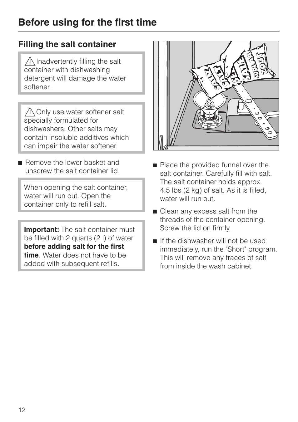 Filling the salt container 12, Before using for the first time, Filling the salt container | Miele G1470 User Manual | Page 12 / 60