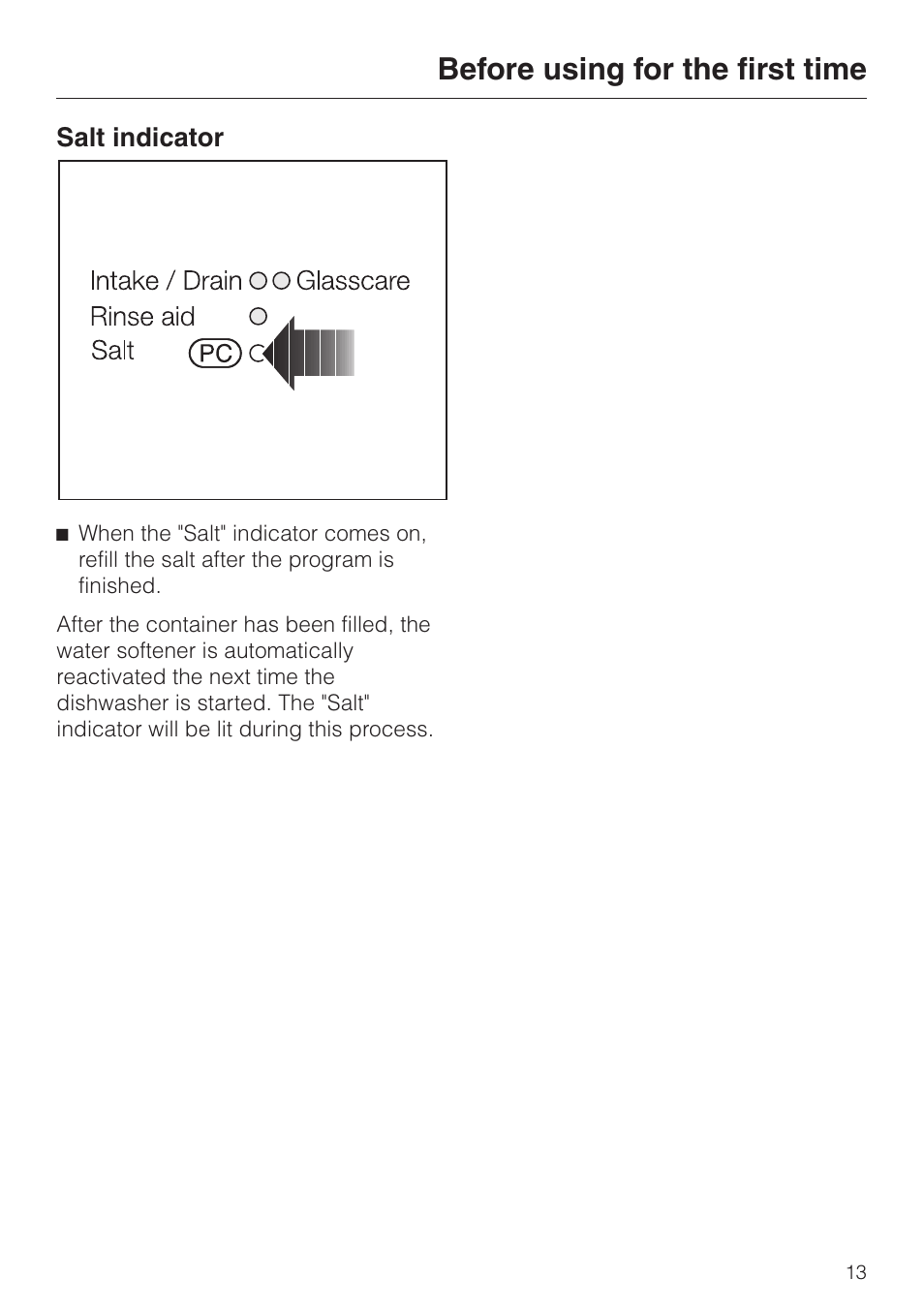 Salt indicator 13, Before using for the first time | Miele G1470 User Manual | Page 13 / 60