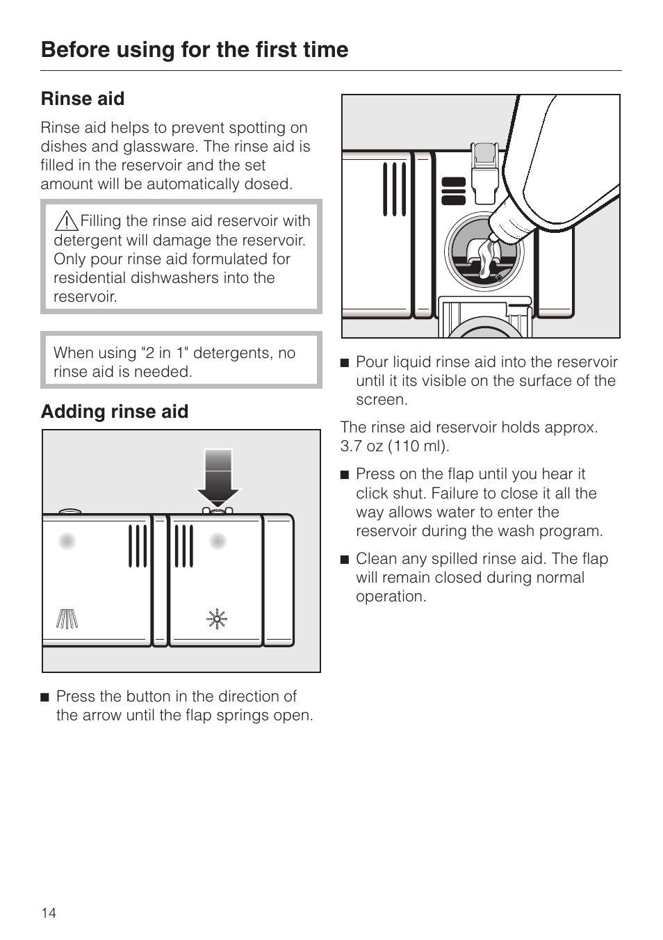 Rinse aid 14, Adding rinse aid 14, Before using for the first time | Rinse aid, Adding rinse aid | Miele G1470 User Manual | Page 14 / 60