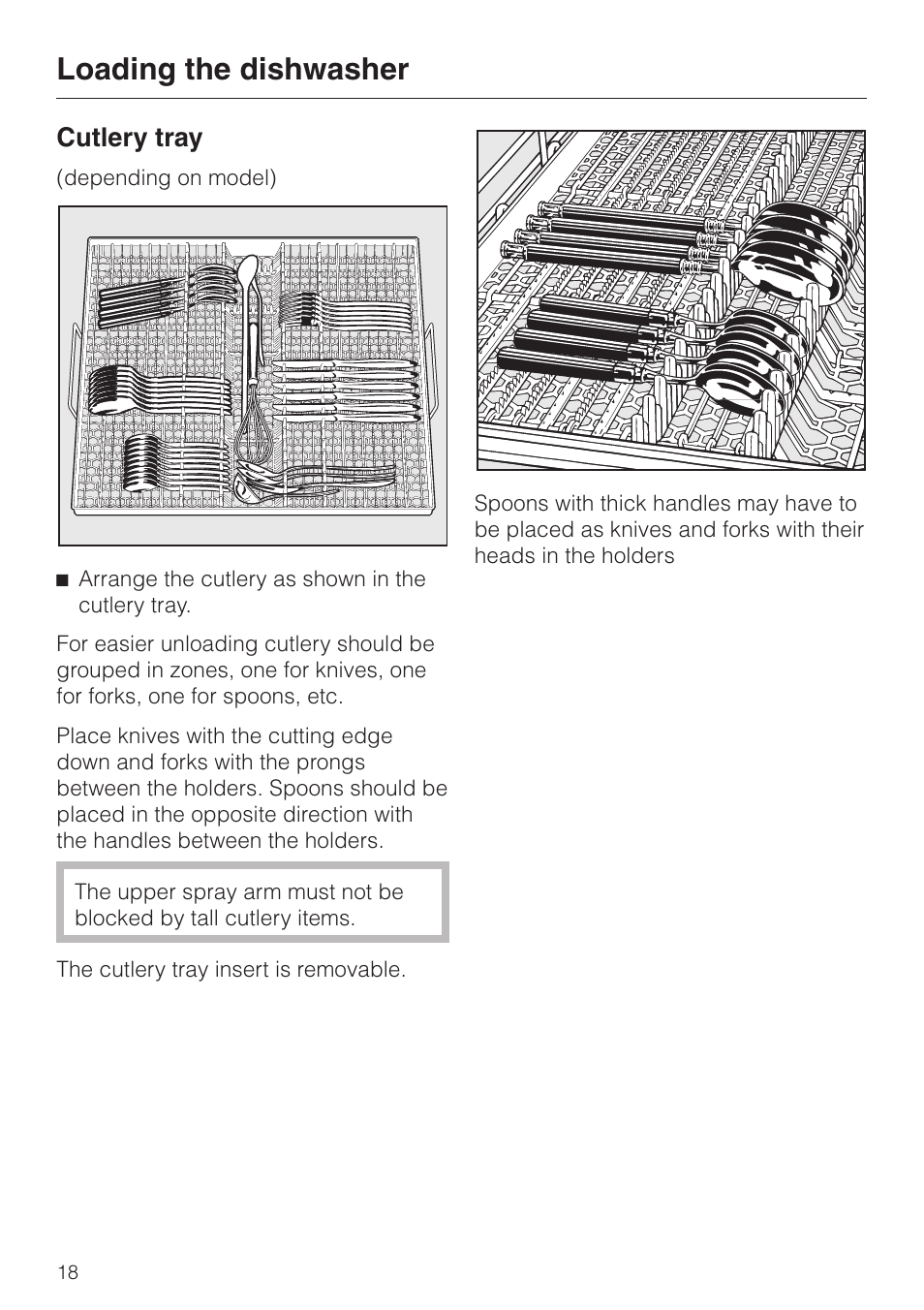 Cutlery tray 18, Loading the dishwasher, Cutlery tray | Miele G1470 User Manual | Page 18 / 60