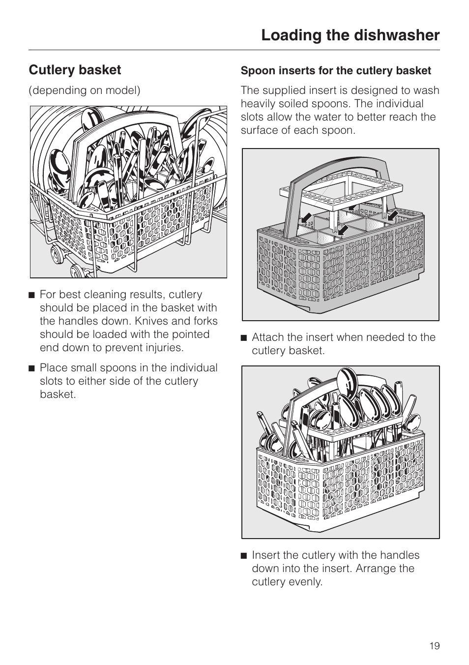 Cutlery basket 19, Loading the dishwasher, Cutlery basket | Miele G1470 User Manual | Page 19 / 60