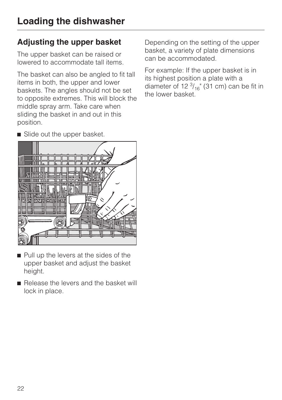 Adjusting the upper basket 22, Loading the dishwasher, Adjusting the upper basket | Miele G1470 User Manual | Page 22 / 60