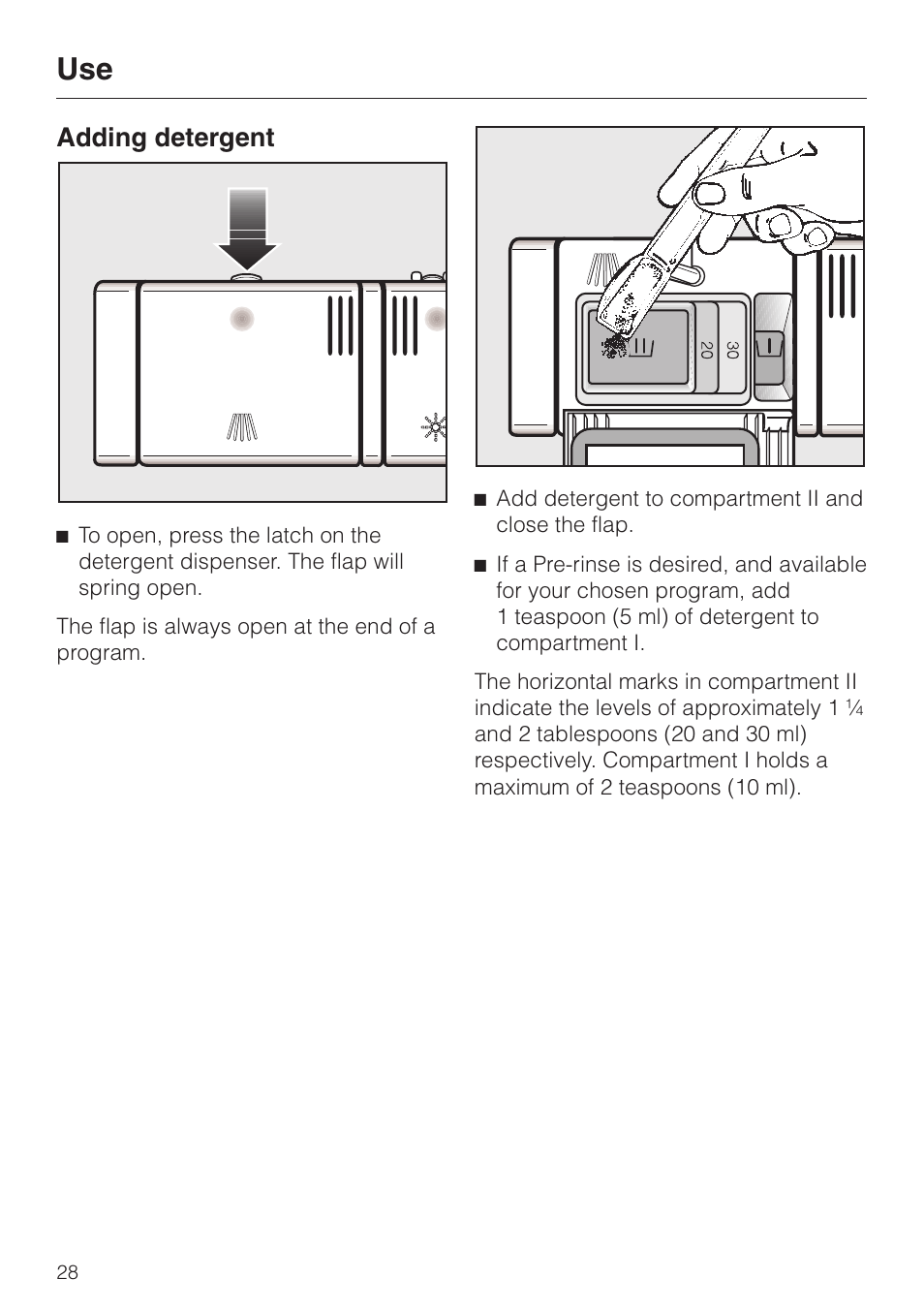 Adding detergent 28, Adding detergent | Miele G1470 User Manual | Page 28 / 60