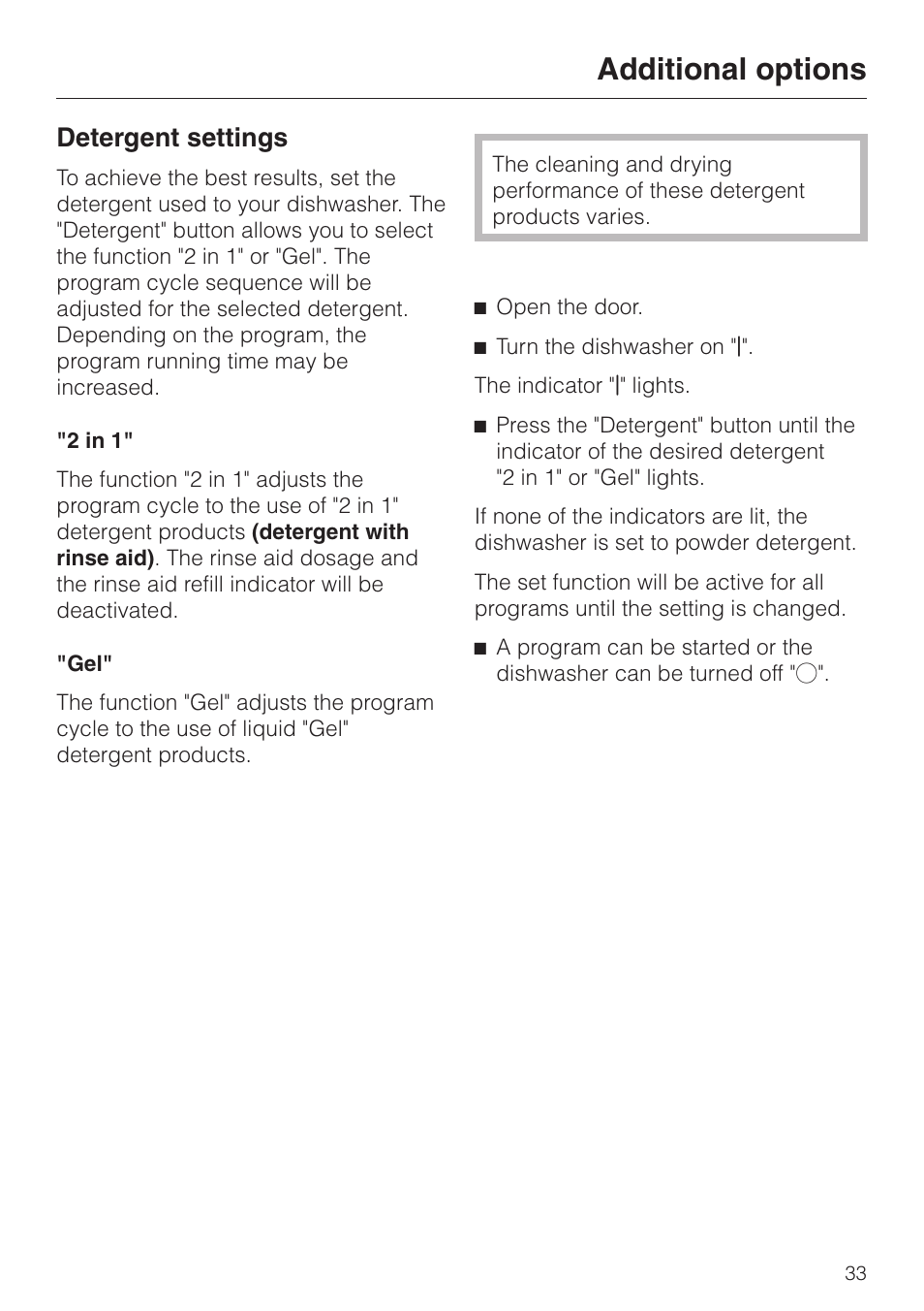 Additional options 33, Detergent settings 33, Additional options | Detergent settings | Miele G1470 User Manual | Page 33 / 60