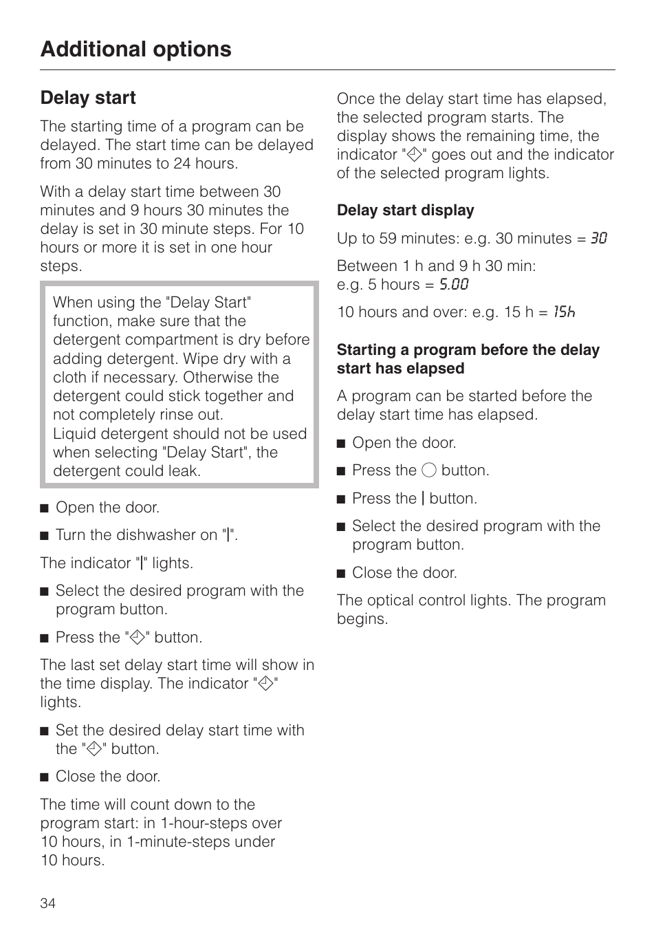 Delay start 34, Additional options, Delay start | Miele G1470 User Manual | Page 34 / 60