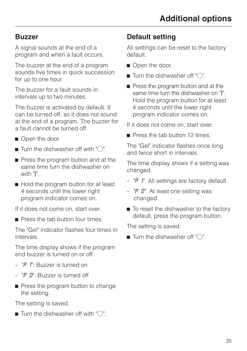 Buzzer 35, Default setting 35, Additional options | Buzzer, Default setting | Miele G1470 User Manual | Page 35 / 60