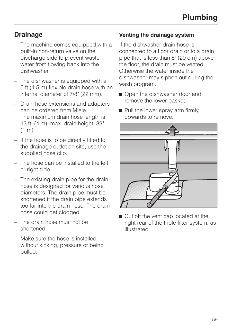 Drainage 59, Plumbing, Drainage | Miele G1470 User Manual | Page 59 / 60