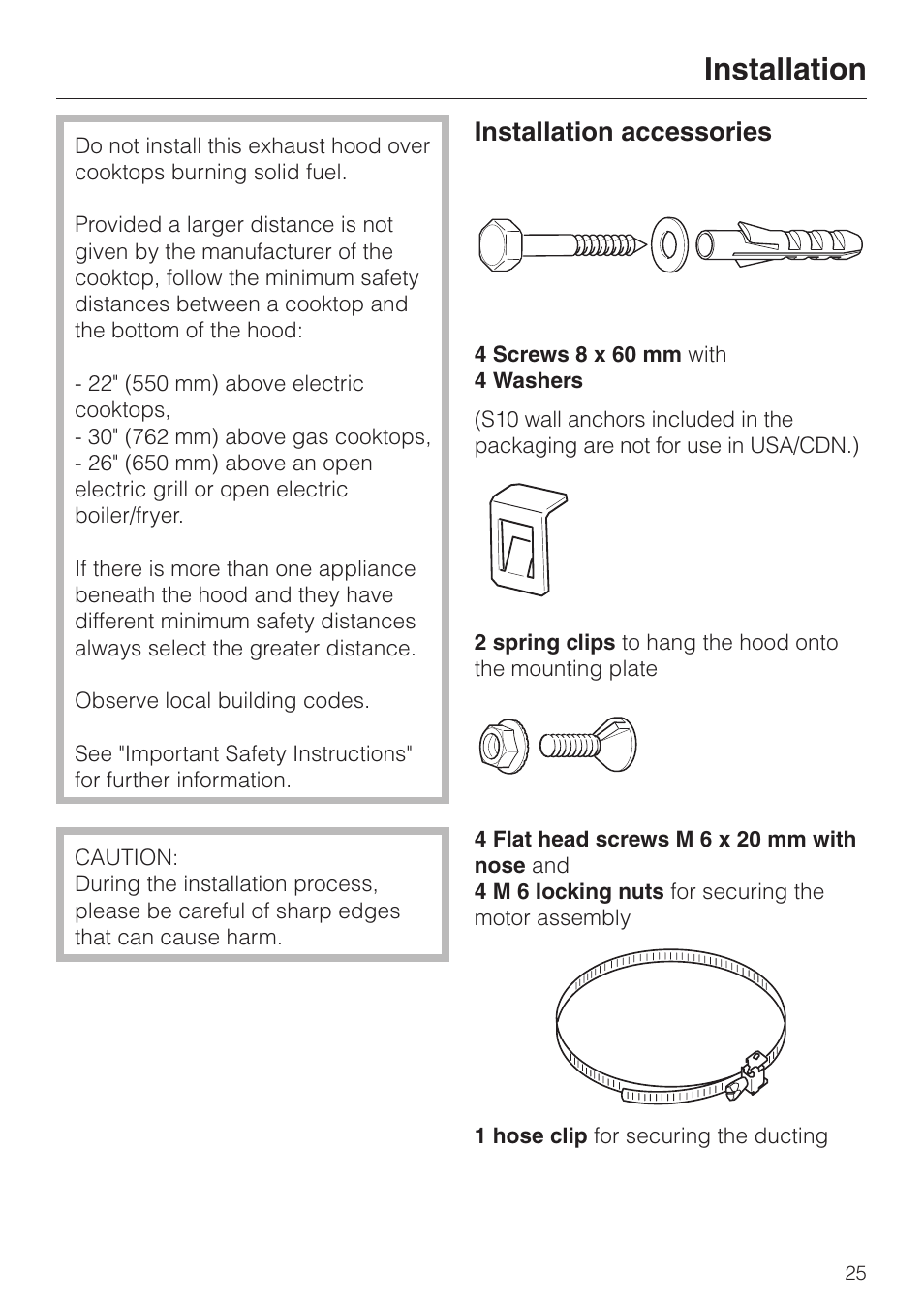 Installation 25, Installation accessories 25, Installation | Installation accessories | Miele DA220-4 User Manual | Page 25 / 36
