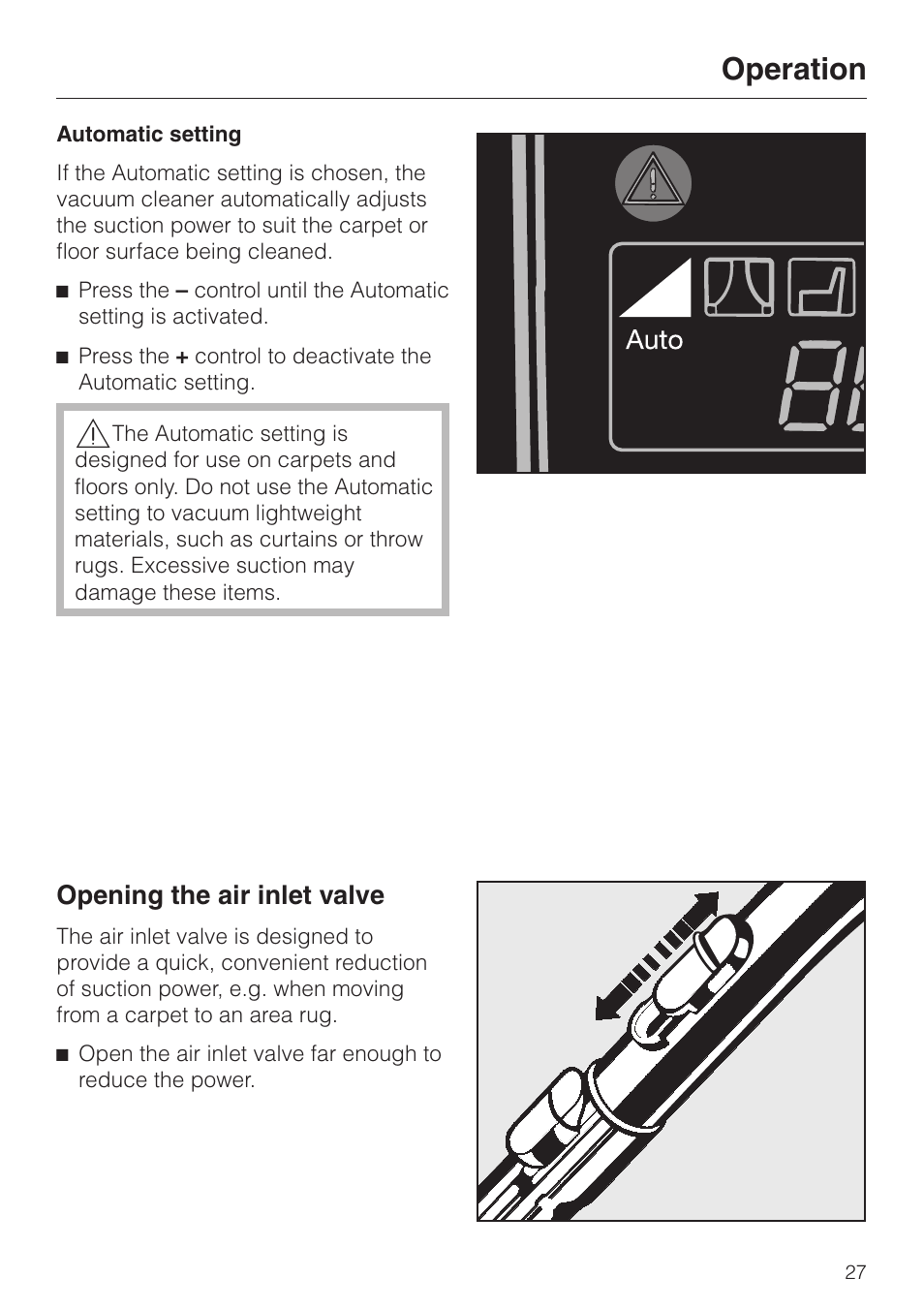 Operation, Opening the air inlet valve | Miele S 548 User Manual | Page 27 / 52