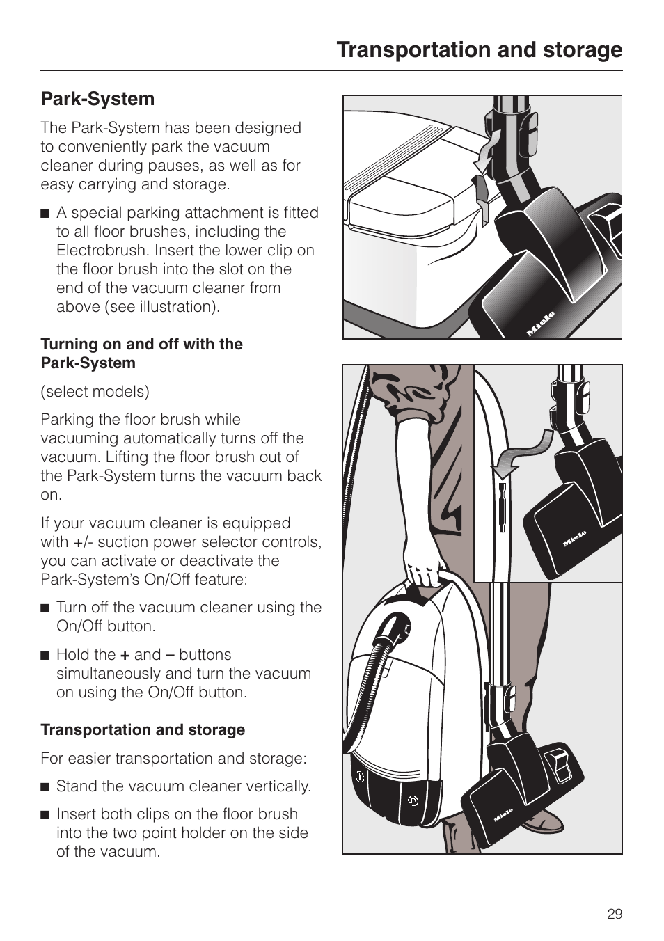 Transportation and storage 29, Transportation and storage, Park-system | Miele S 548 User Manual | Page 29 / 52