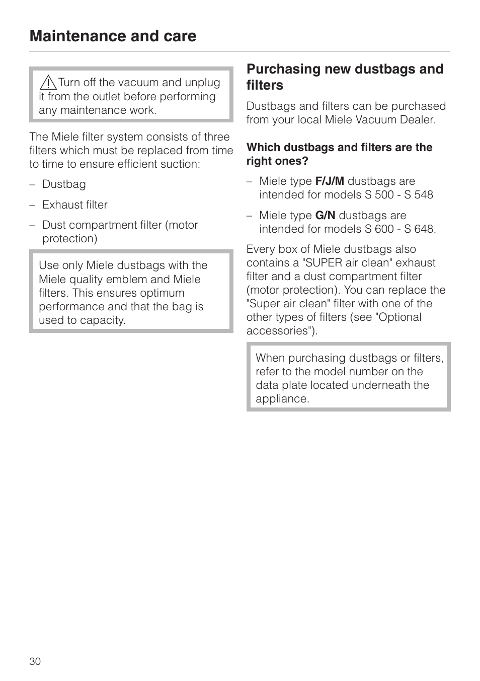 Maintenance and care 30, Purchasing new dustbags and filters 30, Maintenance and care | Purchasing new dustbags and filters | Miele S 548 User Manual | Page 30 / 52