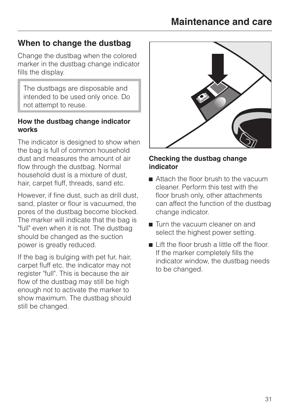 When to change the dustbag 31, When to change the dustbag, Maintenance and care | Miele S 548 User Manual | Page 31 / 52