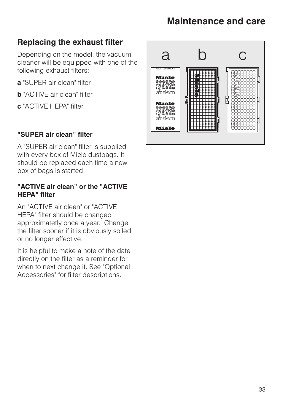 Replacing the exhaust filter 33, Replacing the exhaust filter, Maintenance and care | Miele S 548 User Manual | Page 33 / 52