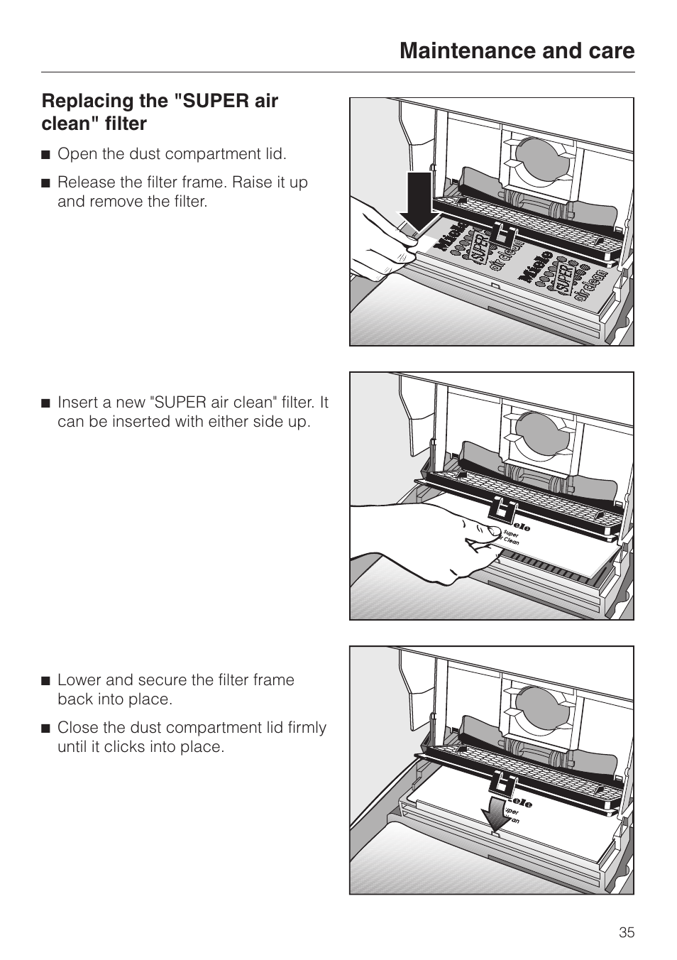 Replacing the "super air clean" filter 35, Replacing the "super air clean" filter, Maintenance and care | Miele S 548 User Manual | Page 35 / 52