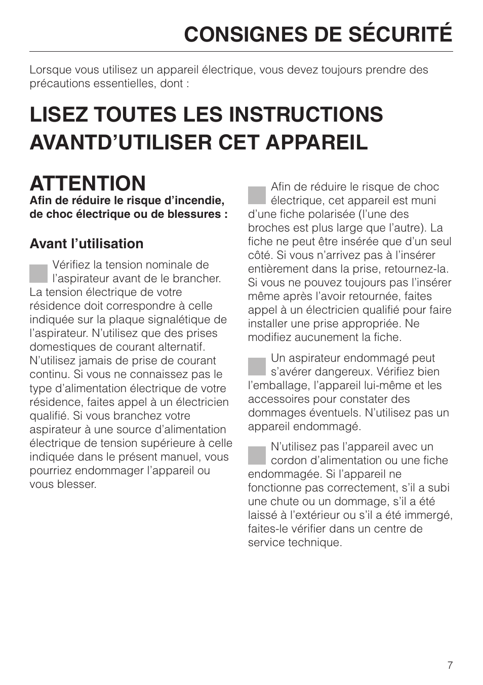 Consignes de sécurité 7, Consignes de sécurité | Miele S 548 User Manual | Page 7 / 52