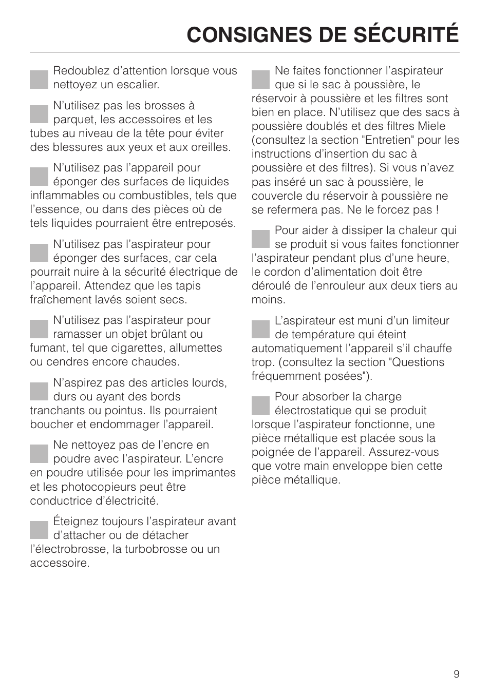 Consignes de sécurité | Miele S 548 User Manual | Page 9 / 52