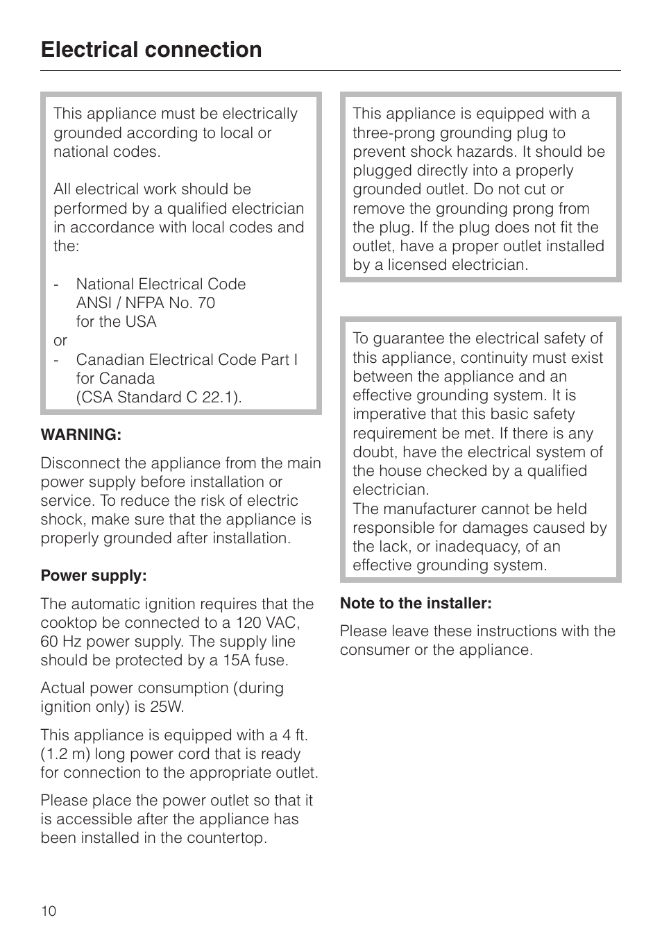 Electrical connection 10, Electrical connection | Miele KM 342 User Manual | Page 10 / 20