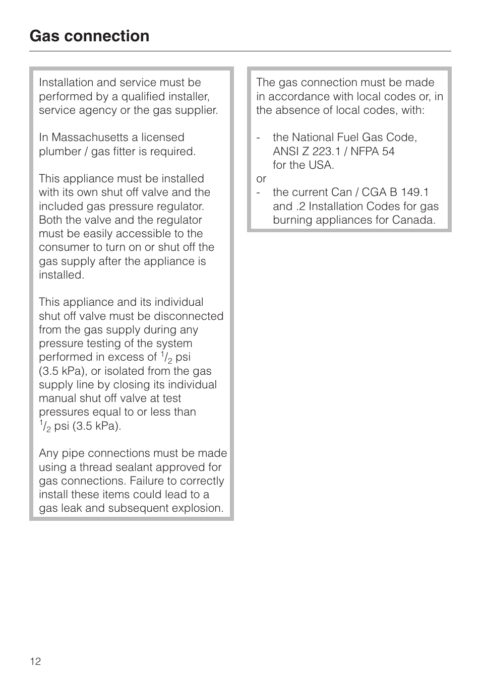 Gas connection 12, Gas connection | Miele KM 342 User Manual | Page 12 / 20