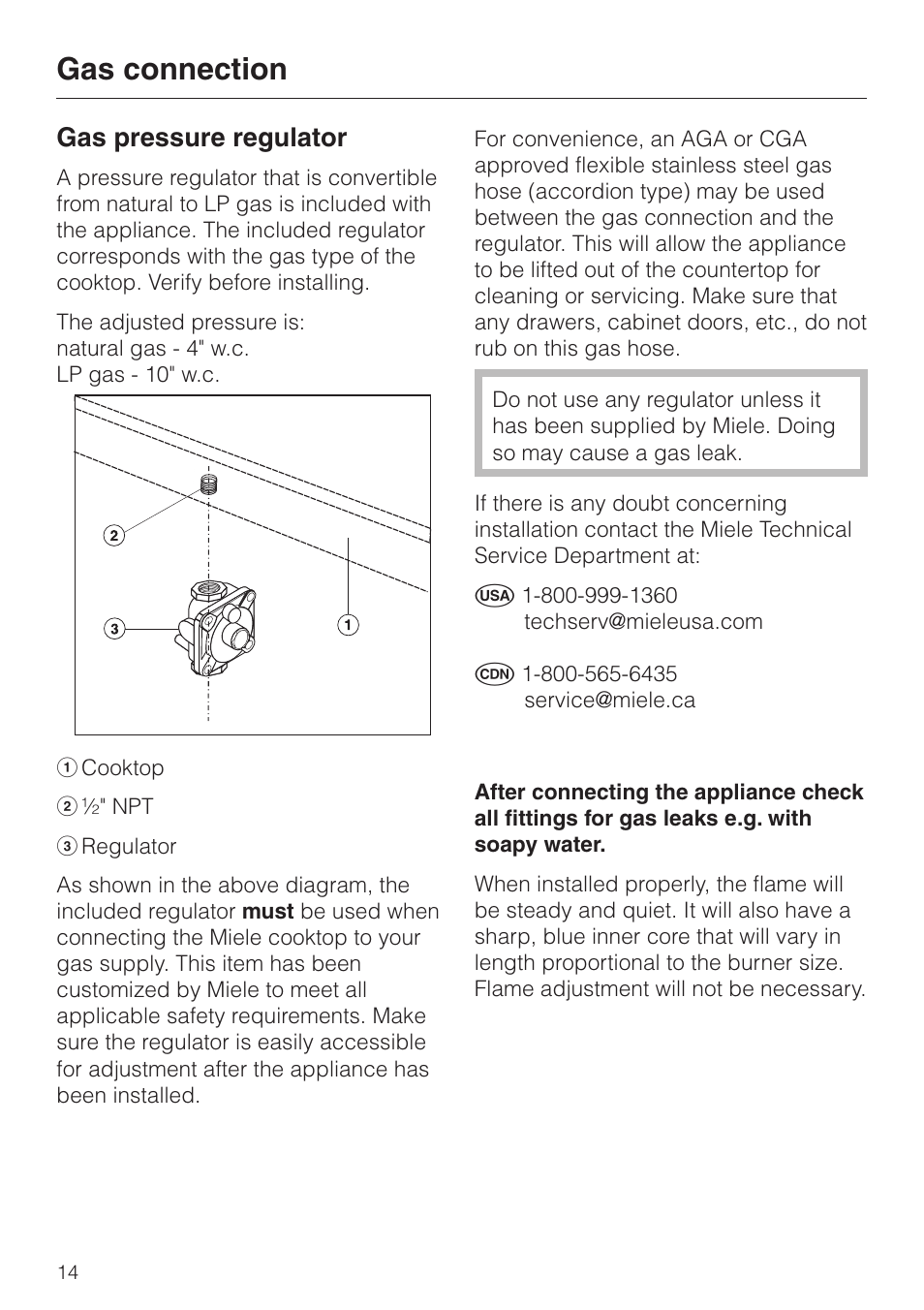 Gas pressure regulator 14, Gas connection, Gas pressure regulator | Miele KM 342 User Manual | Page 14 / 20